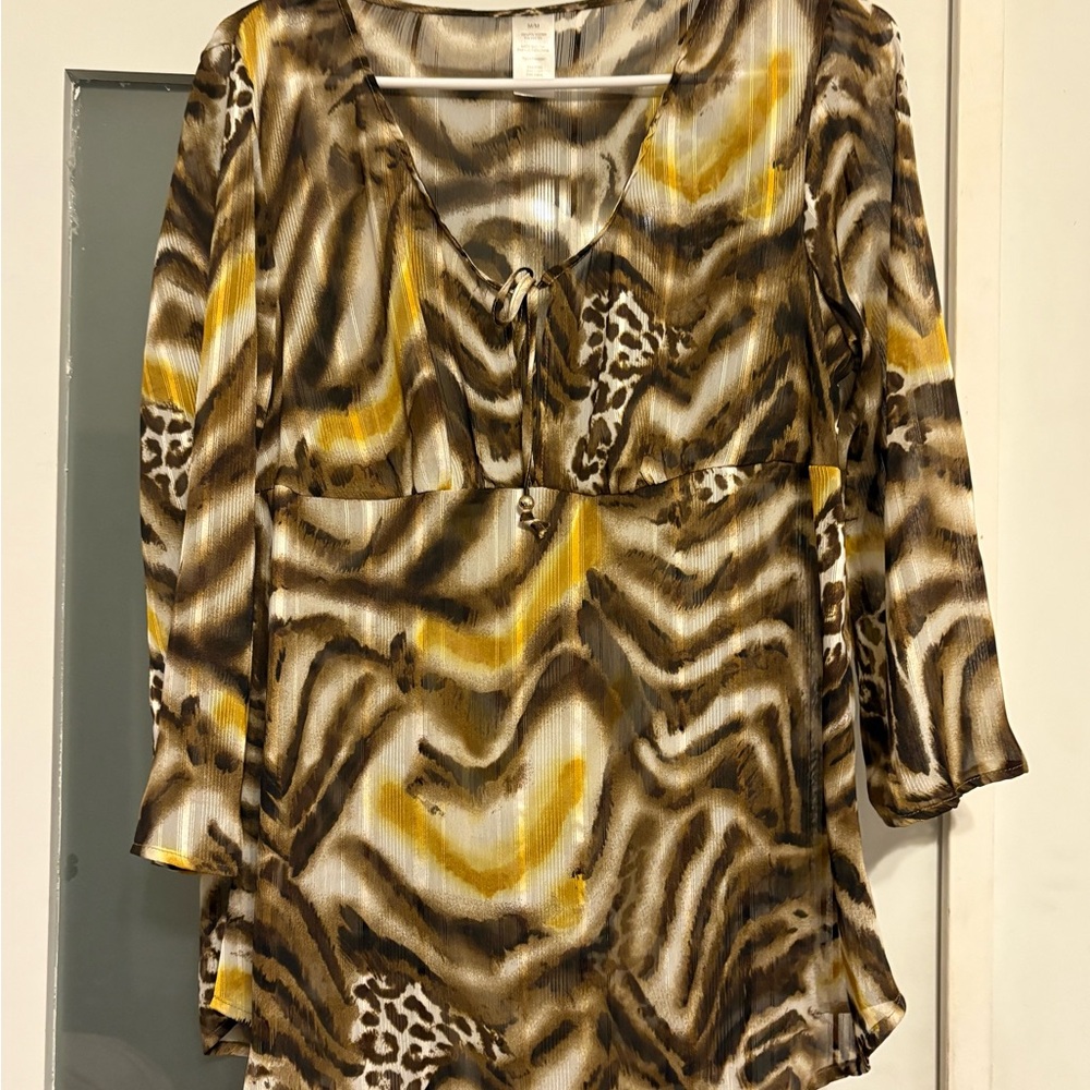 Brown and Tan Tie Front Blouse with Relaxed Fit